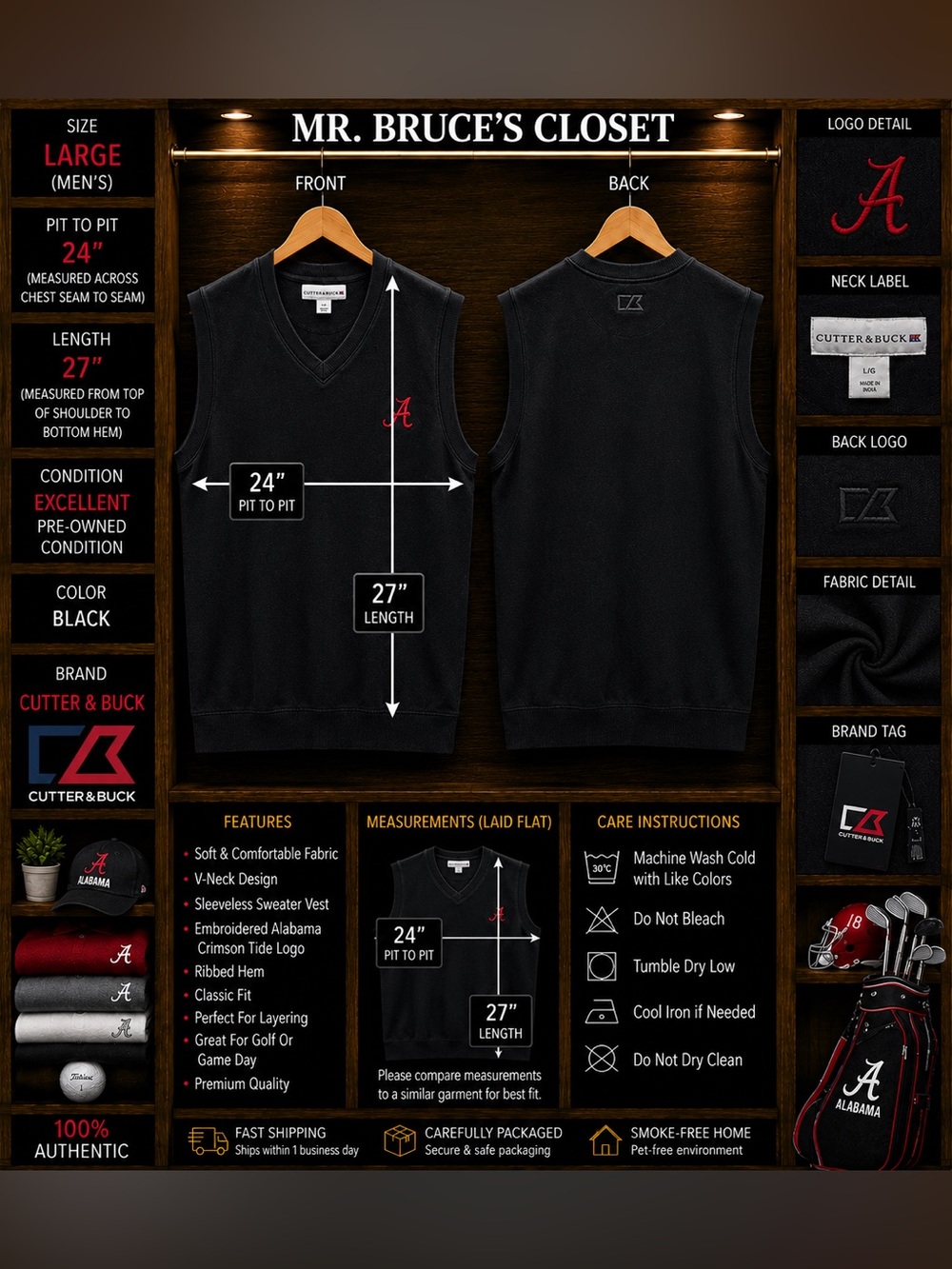 Cutter & Buck Black Sleeveless V-Neck Sweater Vest with Red Alabama A Embroidery